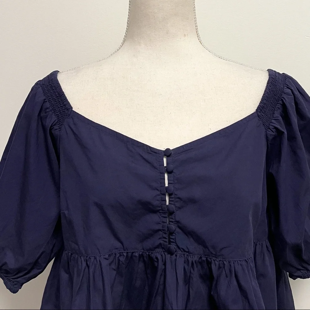 Free People Navy Veronica V Neck Buttons Top 1/2 Puff Sleeves NWT Small Peplum - Picture 4 of 10